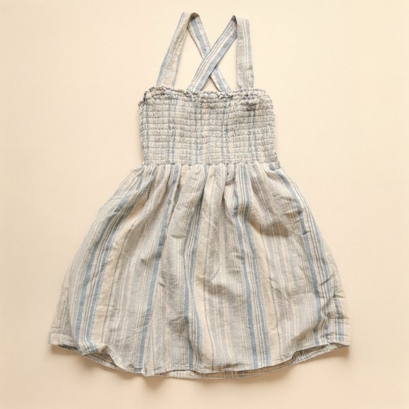 AE Linen Blend Smocked Dress Neutral Stripes Cottagecore Vibes Sz S Adjustable - Picture 4 of 15